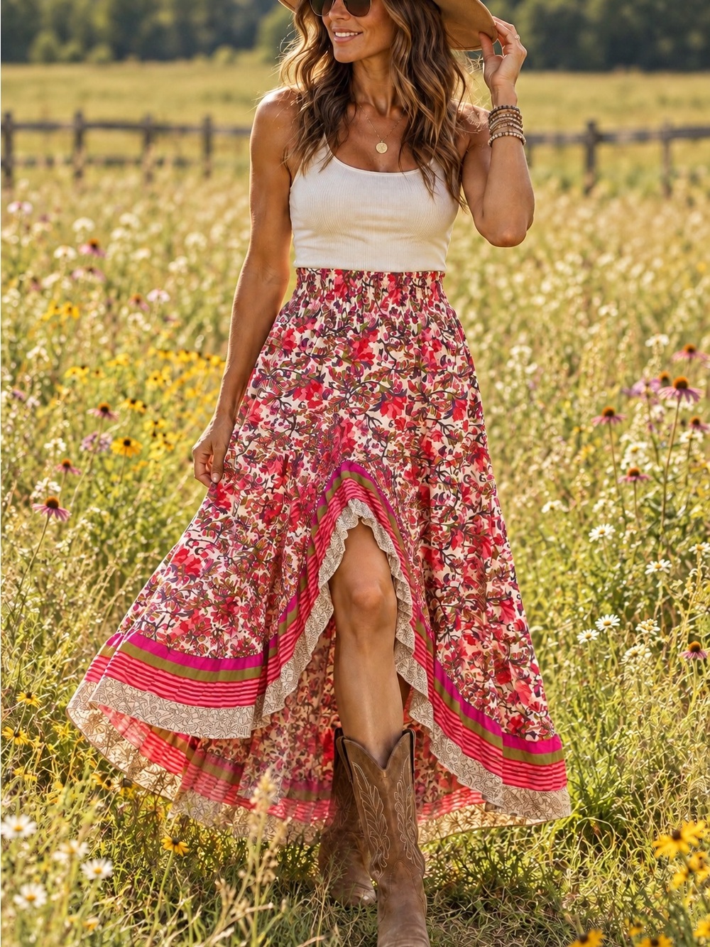 Pink Floral High-Low Maxi Skirt with Striped Trim NW